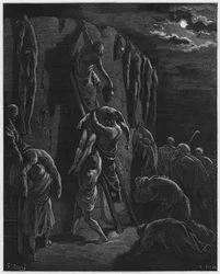 Gustave Doré Bibel: Die Bewohner von Jabesch-Gilead bergen die Leichen von Saul und seinen Söhnen